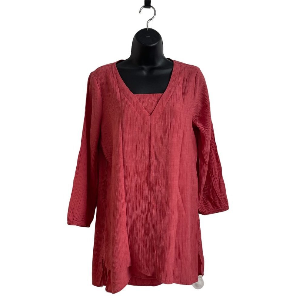 St Johns Bay Women Tiered Blouse Top 3/4 Sleeve Pleated Elastic Solid Pink M